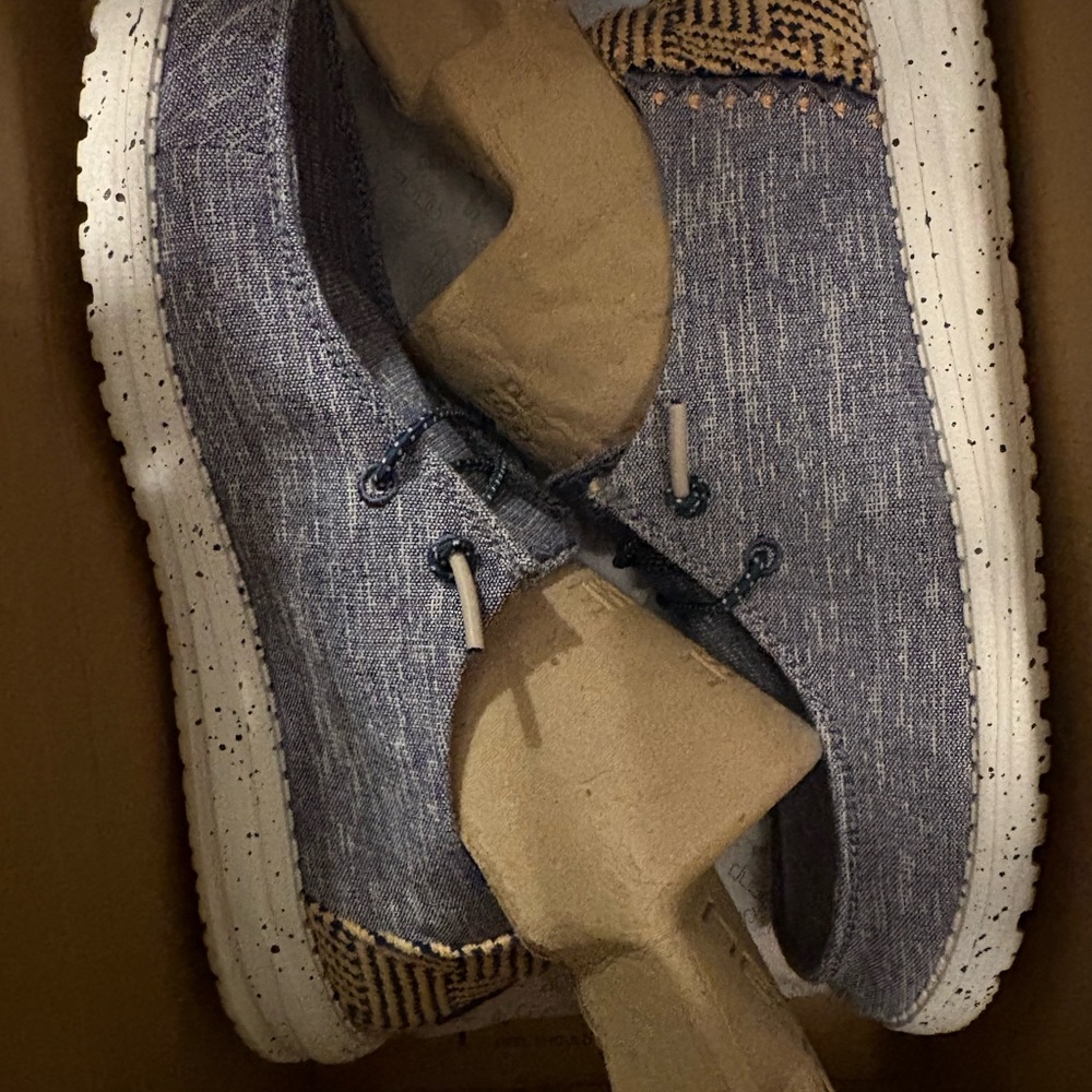 Hey Dude Chambray Blue and Tan Shoes